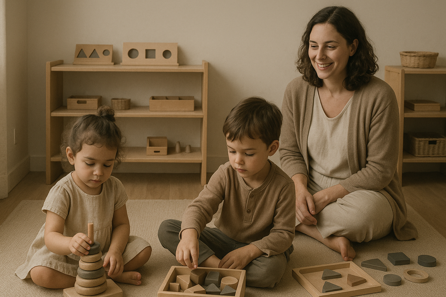 kids playing with Montessori like toys while an adult is happily watching them. Montessori feel and more desaturated.