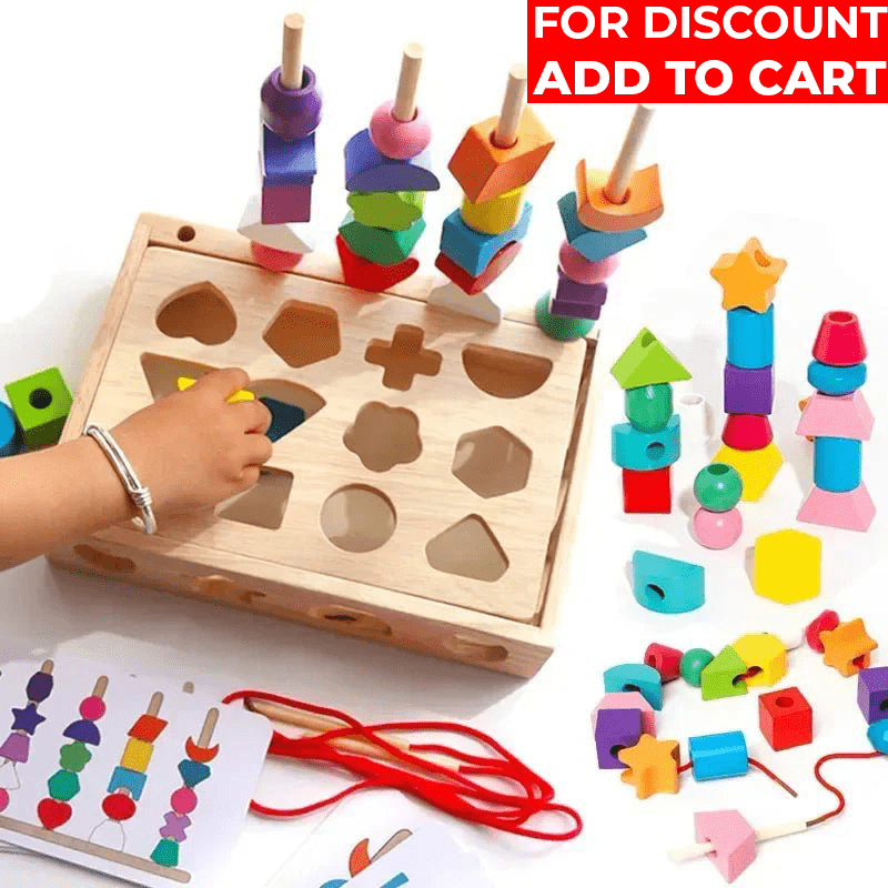 5 In1 Montessori Wooden Toys Color Shape Cognition Blocks Matching Sorting Game Beaded Early Educational Toys Gift for Children - Uzyo