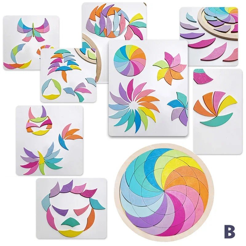 Kids Montessori Rainbow Wooden Puzzle Toys Art Educational Geometric Jigsaw Imagination Training Mandala Blocks Toys Brain Games - Uzyo