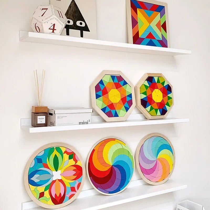 Kids Montessori Rainbow Wooden Puzzle Toys Art Educational Geometric Jigsaw Imagination Training Mandala Blocks Toys Brain Games - Uzyo